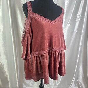 City Streets Pink Lace Trim Velvet Off the Shoulder Flowy Top 1X